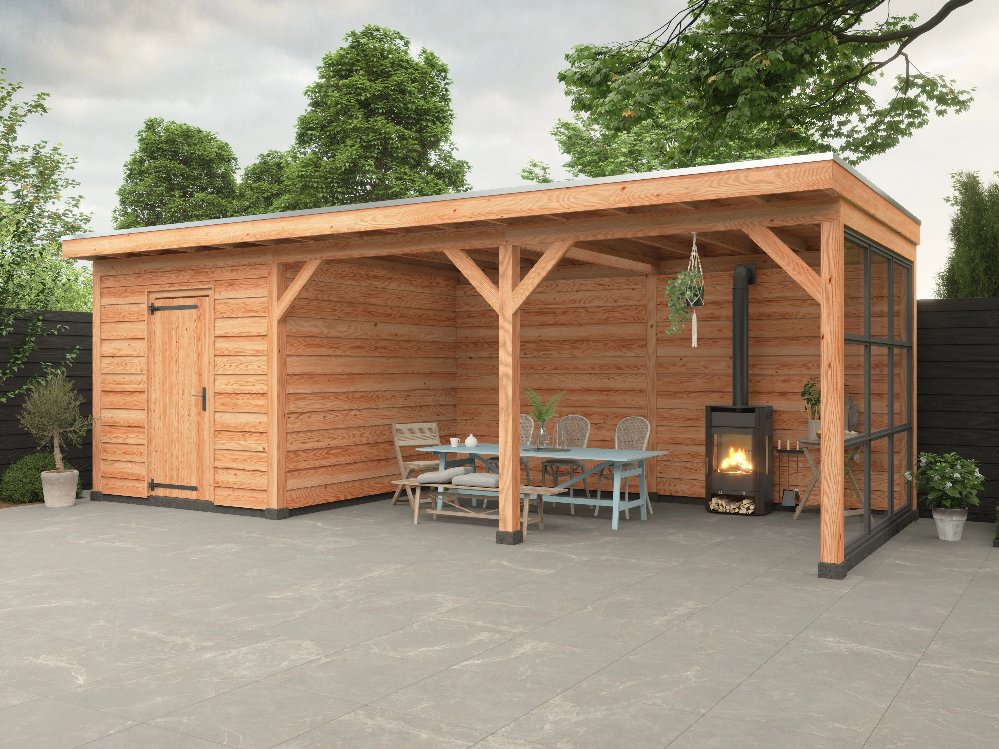 Douglas overkapping, 750 x 300, met schuur en achterwand, Westwood Comfort - Afbeelding 2
